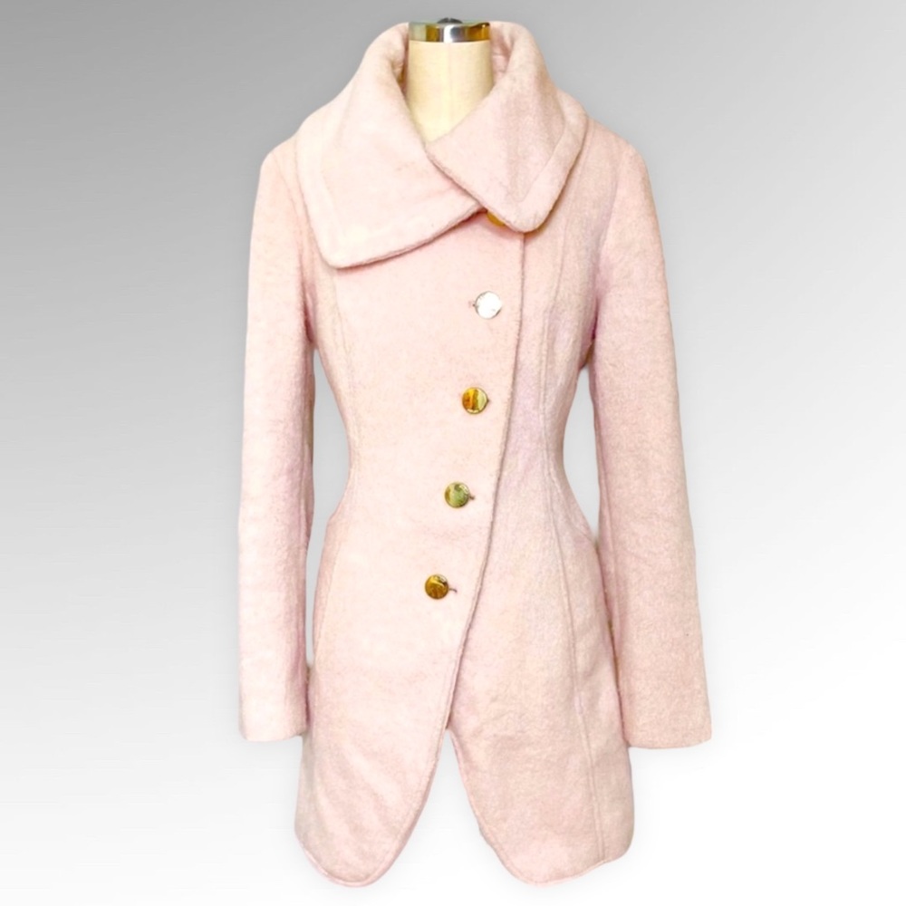 Guess Pink Boucle Double Breasted Wool Peacoat Cutaway Winter Dress Coat Medium - Picture 15 of 15